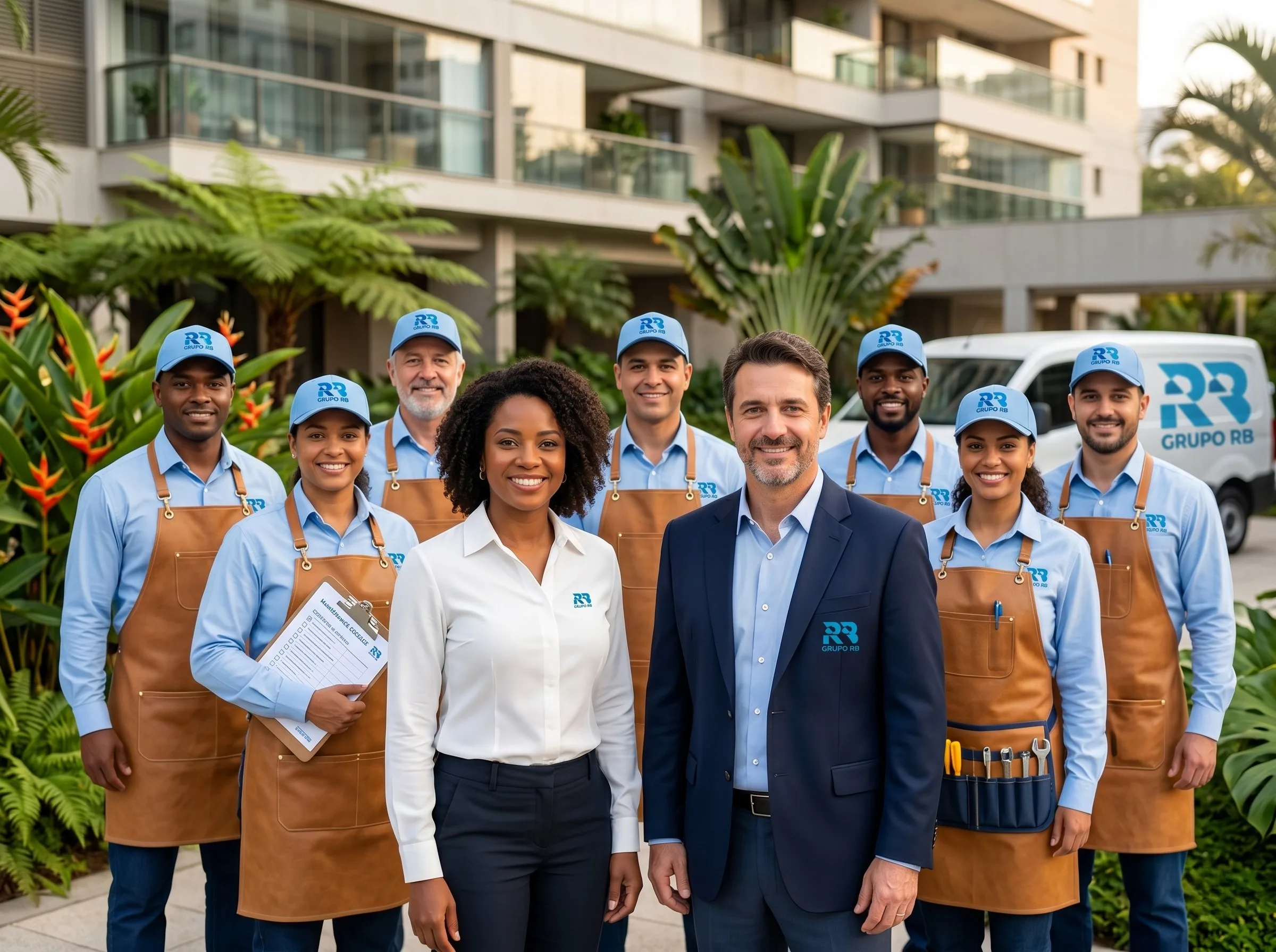 Equipe do Grupo RB uniformizada com gestores em condomínio de Sorocaba