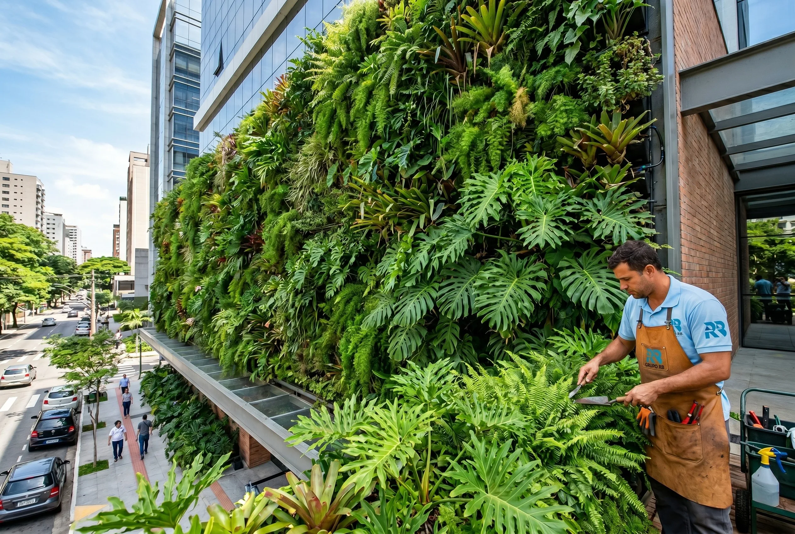 Jardim vertical (parede verde) mantida pelo Grupo RB em edifício corporativo em Sorocaba